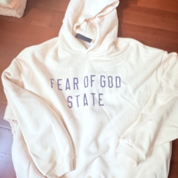 Fear of God / Essentials Ivory Hoody with lavendar print - unisex size medium - Picture 1 of 2
